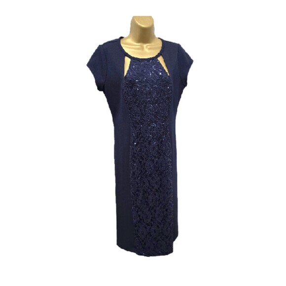 Cocktail Date Dress Womens 8 Sequin Lace Cut Out Short Sleeve Navy Blue Guest - Picture 9 of 9